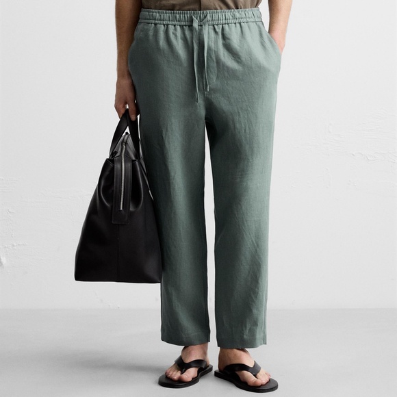 ZARA 100% Linen Pants Mens Green Gray Size Large Relaxed Fit NWT - Picture 1 of 9